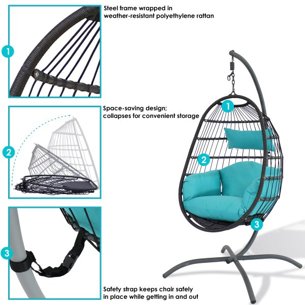 Penelope Hanging Egg Chair with Seat Cushions and Stand - Image 9
