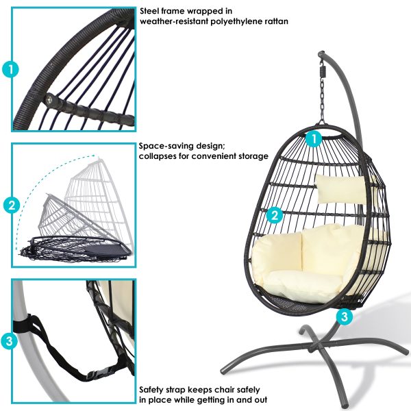 Penelope Hanging Egg Chair with Seat Cushions and Stand - Image 2