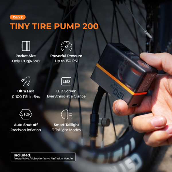 TINY TIRE PUMP 200- 130PSI Mini Electric Gauge Pump with Cool Taillight - Image 3