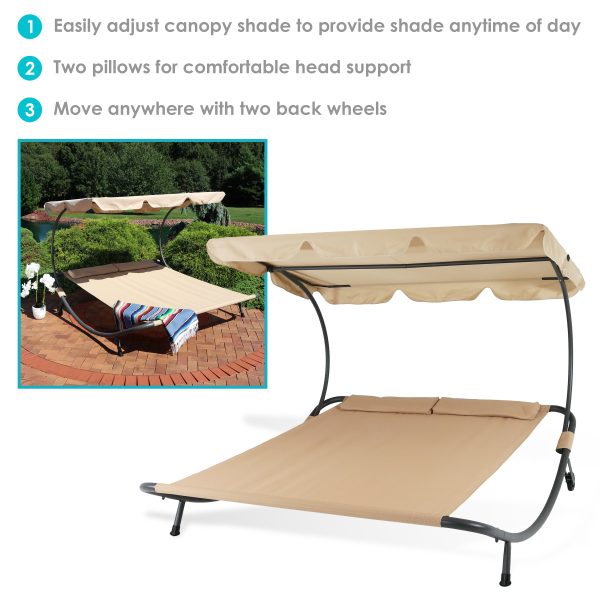 Double Modern Outdoor Lounging Bed with Canopy and Headrest Pillows - Beige - Image 2