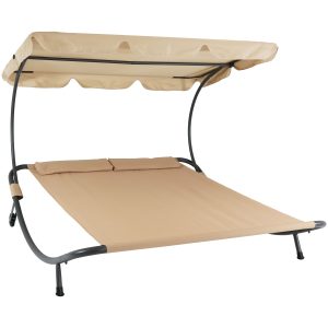 Double Modern Outdoor Lounging Bed with Canopy and Headrest Pillows - Beige