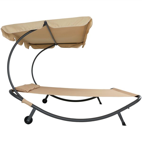 Double Modern Outdoor Lounging Bed with Canopy and Headrest Pillows - Beige - Image 6