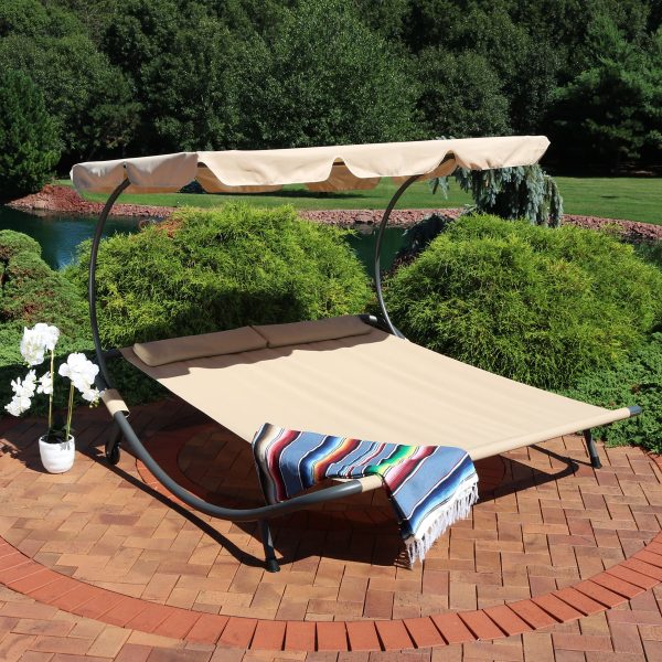 Double Modern Outdoor Lounging Bed with Canopy and Headrest Pillows - Beige - Image 4